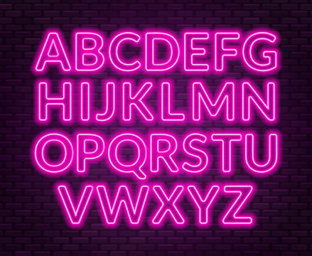 Neon pink alphabet on brick wall background. Capital letter.