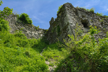 Ancient ruins of the castle of the town of Khust (Dracula Castle). a huge and powerful castle that performed a defensive function and played an important role in many battles. Western Ukraine, Europe