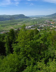 Colorful exalted view from a bird's eye view to houses in residential
district in the city of Khust, Western Ukraine with high mountains in the background on a background of green vegetation.
