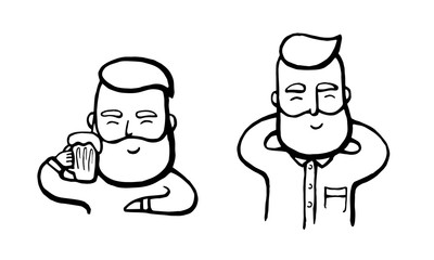 Hand-drawn hipster dude with mustache and beard relaxing. Happy smiling Men with beer. Vector illustration. Stickers, logo, Emblem