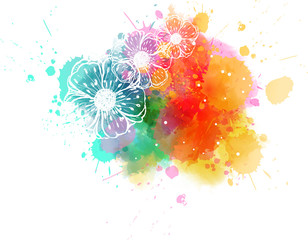 Abstract watercolor splash with painted flowers