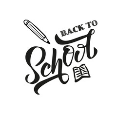 Hand black color Back to school text letering on white background with drawn pencil. for logo, banner, flyer, template, greeting cards, posters, T-shirts,. Flat Vector illustration.