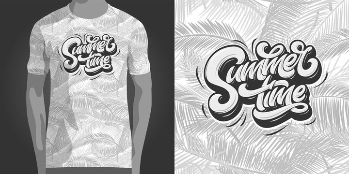 Summertime typography with tropical seamless pattern. Template for t-shirt design, textile, apparel. Summer shirt design with palm tree seamless texture. Minimalistic black and white design. EPS10.