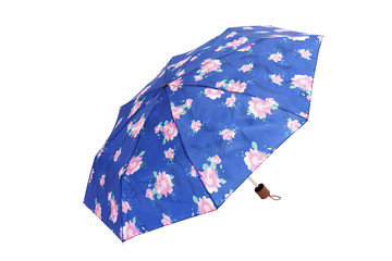 Open umbrella with rose and blue flowers isolated on white