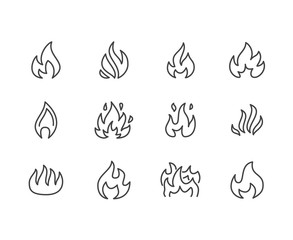 Fire flat line icons. Flame shapes silhouette, bonfire vector illustration, flammable warning sign.