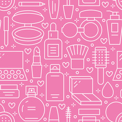 Makeup beauty care red white seamless pattern with flat line icons. Cosmetics illustrations of lipstick, mascara, eyeshadows, foundation nail polish. Cute pink repeated wallpaper signs make up store.