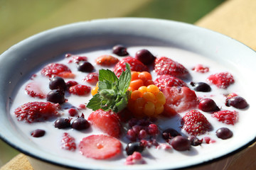 breakfast in the village berries with milk and mint