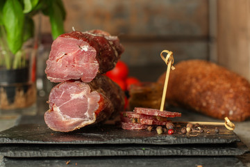 salami, sliced ​​slices (sausages) . food background.  Top view with copy space