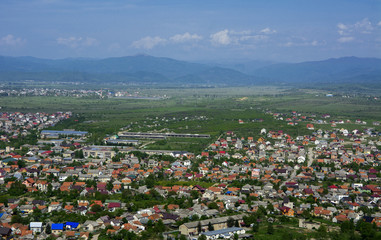 Colorful exalted view from a bird's eye view to houses in residential