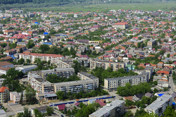 Fototapeta na wymiar Colorful exalted view from a bird's eye view to houses in residential