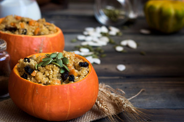 Millet porridge with raisins in pumpkin