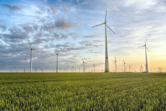 renewable energies - power generation with wind turbines in a wind farm