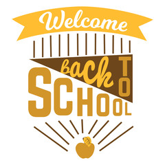 Welcome back to school logo sign with ribbon and apple vector illustration. Flat style design lettering badges. New schoolyear concept. Education creative label on white background
