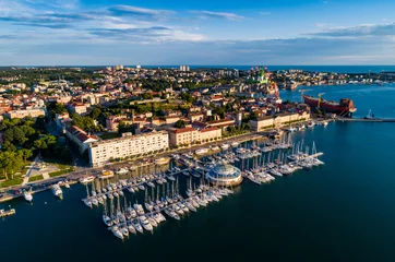 Papier Peint photo Photo aérienne City of Pula aerial view from above the sea by a professional drones, Istria, Croatia.