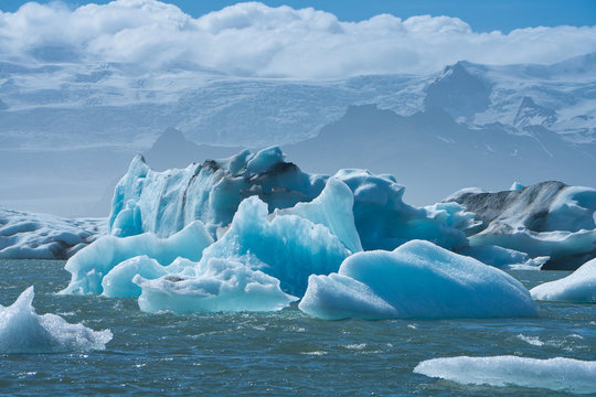 Scenic view of icebergs in Jokulsarlon glacier lagoon, Iceland, in summer
