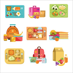 School lunch set, food boxes and kids bags vector illustration.