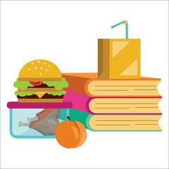School lunch poster, Children dinner near pile of books vector illustration.