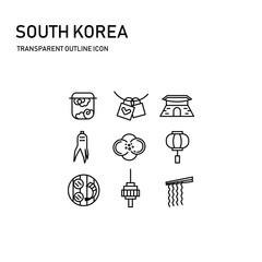south korea icon design with transparent thin line including 9 icon, korea drum, love lock, palace, ginseng, camellia, ancient lamp, seoul tower, grilled