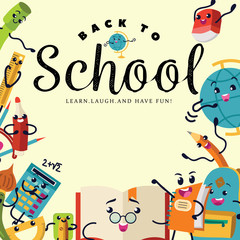 Obraz premium Back to school poster, Welcome colorful template with stationery supplies.