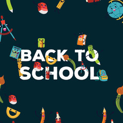 Back to school colorful poster, template with various education supplies vector illustration.