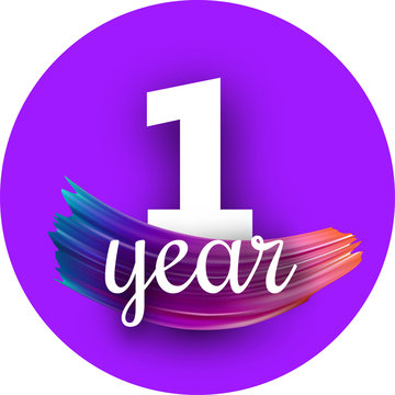 Purple one year greeting card with colorful brush stroke.