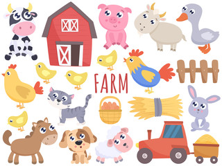 Cute farm cartoon animals and related items. Vector flat illustration. © Svetlana