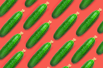 Fresh cucumbers on a colored background, cucumbers with a flower on the end. Pattern of cucumbers. Food background