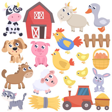 Cute farm cartoon animals and related items. Vector flat illustration.