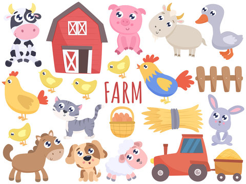Cute farm cartoon animals and related items. Vector flat illustration.