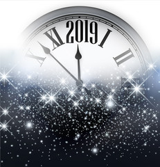 Naklejka na ściany i meble Shiny 2019 New Year background with clock. Greeting card.