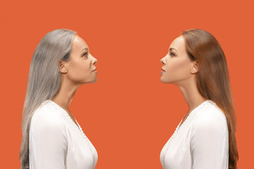 Comparison. Portrait of beautiful woman with problem and clean skin, aging and youth concept, beauty treatment and lifting. Before and after concept. Youth, old age. Process of aging and rejuvenation