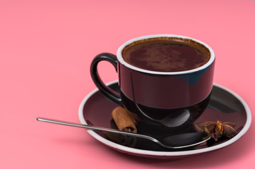 Close-up of a black cup of Italian espresso coffee