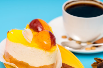 Heart shaped cream mousse pastry with fruit