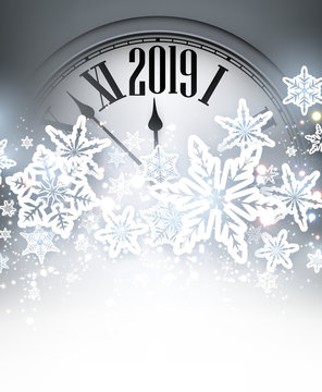 Grey 2019 New Year background with clock. Greeting card.