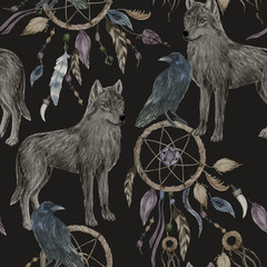 Watercolor painting seamless pattern with wolf and raven, dreamcatcher
