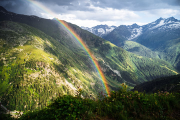 Rainbow in the mountain valley after rain. Grimselpass, Switzerland