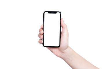 Fototapeta na wymiar Man hand holding the black smartphone with blank screen and modern frame less design