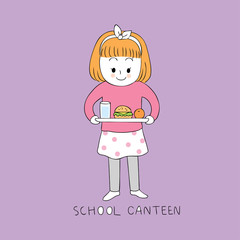 Cartoon cute girl in school canteen vector.