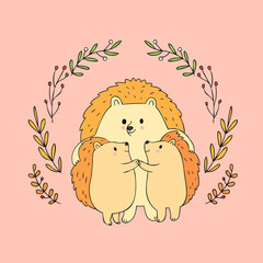 Cartoon cute Autumn family hedgehog vector.