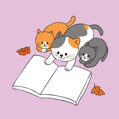 Cartoon cute Autumn family cats reading book vector.