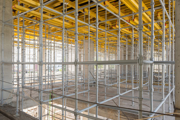 metal and wood scaffolding and supports, construction equipment