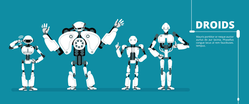 Cartoon robot android, cyborg group. Artificial intelligence vector futuristic background