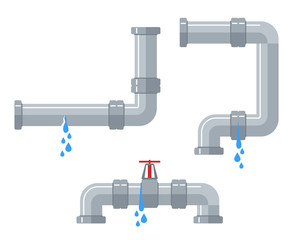 Leaking water pipes. Broken steel and plastic pipeline with leakage, leaking valve, dripping fittings vector set