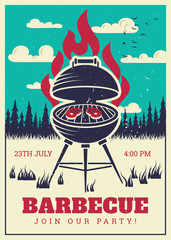 Vintage bbq grill party poster. Delicious grilled burgers, family barbecue vector invitation card - obrazy, fototapety, plakaty