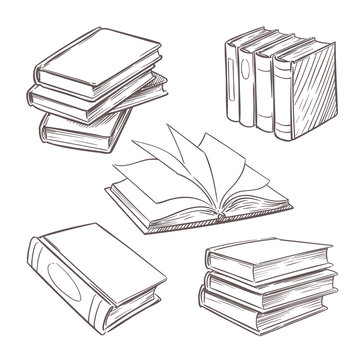 Hand drawn vintage books. Sketch book piles. Library, bookshop vector retro design elements isolated on white background