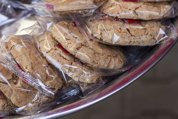 Close-up shot for manufactured cookies on metal plate
