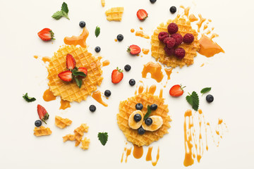 Waffles with fruits, breakfast background top view
