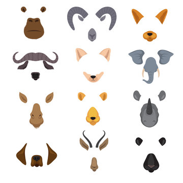 Video mobile chat animal faces. Cartoon animals masks isolated vector set