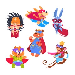 Superhero animal kids. Funny animals wearing superheroes costumes. Cosplay vector characters set