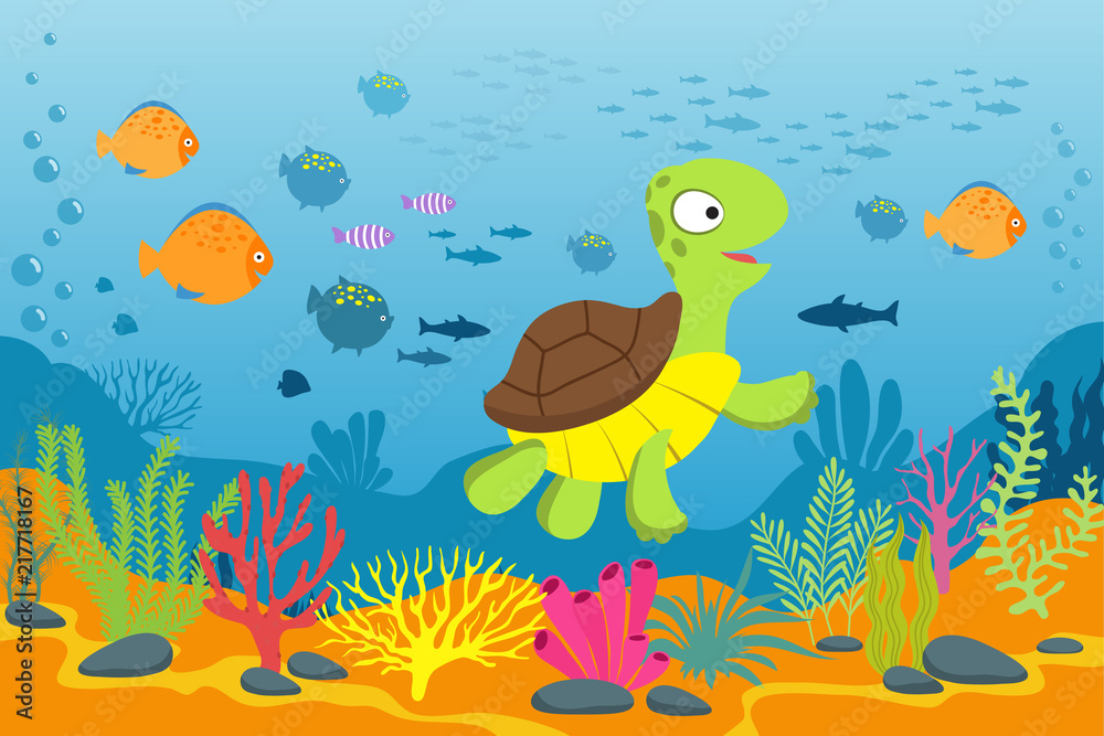 Wall mural turtle in underwater scene. tortoise, seaweeds and fishes in ocean bottom. cartoon marine vector bac - Wall murals